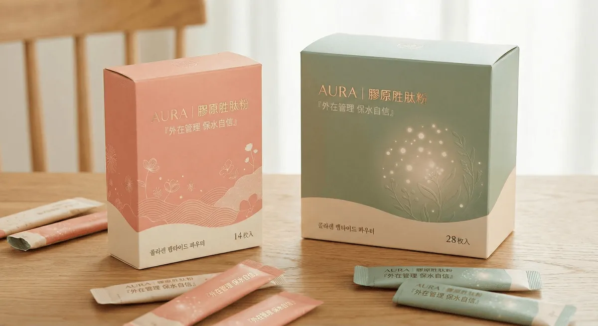 Kotak dan sachet Serbuk Kolagen Peptida AURA